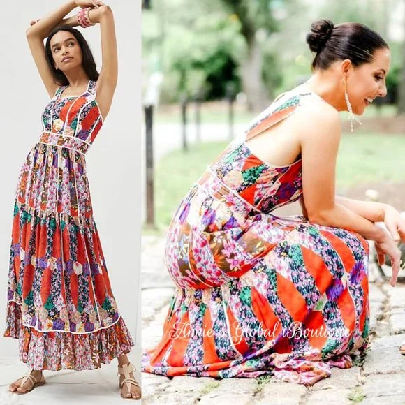 RARE NWT ANTHROPOLOGIE BHANUNI By JYOTI Square Neck Bohemian Maxi Dress. - Picture 11 of 16